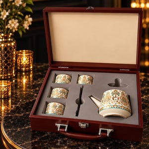 Peut inclure: Un service à thé présenté dans une mallette en bois foncé avec un intérieur crème. L'ensemble comprend une théière et trois petites tasses, toutes dotées d'une base blanche ornée d'un motif floral complexe en bleu sarcelle, or et marron.