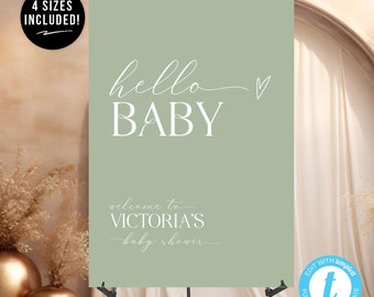 Hello Baby Sign Template | Sage Green Baby Shower Sign | Baby Shower Welcome Sign | Hello Baby Welcome Sign | Editable Baby Shower Sign