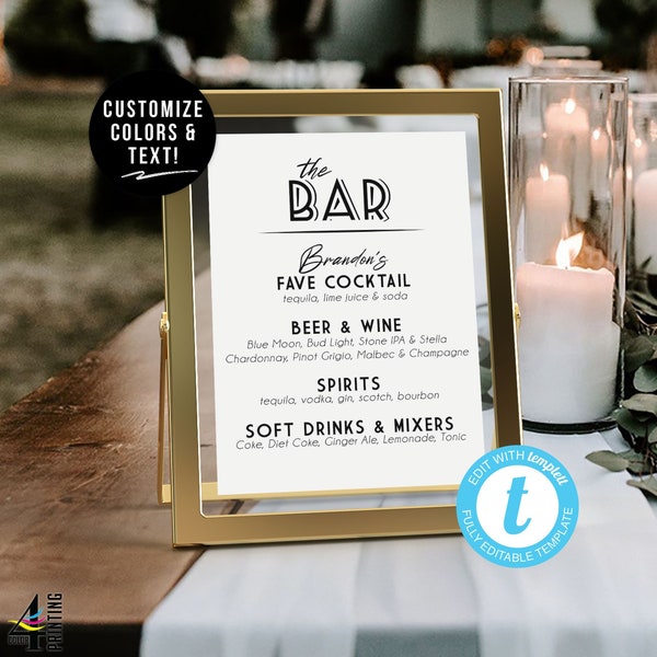 Bar Sign Template | Signature Cocktail Sign | DIY Signature Drink Sign | Birthday Bar Menu Template | Editable Signature Drink Sign