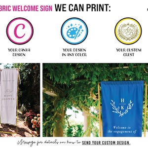 May include: A custom fabric welcome sign service featuring examples of a light-colored baby shower banner and a blue engagement banner on gold stands. The graphic includes icons for Canva designs, custom color options, and personalized crests.