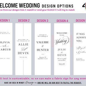 May include: A digital display showing five vertical wedding welcome sign design options with black text on white backgrounds. The header reads WELCOME WEDDING DESIGN OPTIONS. Each design features different typography and layouts for names and dates.