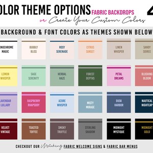 Pu&ograve; includere: Una grafica che mostra le opzioni di tema colore per sfondi in tessuto. L'immagine presenta una griglia di campioni di colore con nomi come "Monochrome Magic" e "Midnight Mystique". Il testo menziona anche colori personalizzati e cartelli di benvenuto in tessuto.