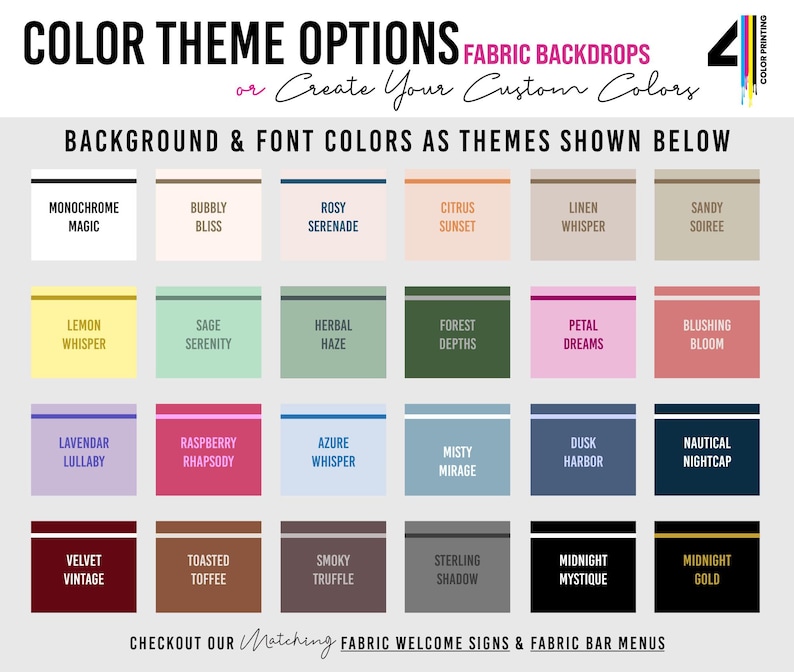 Pu&ograve; includere: Una grafica che mostra le opzioni di tema colore per sfondi in tessuto. L'immagine presenta una griglia di campioni di colore con nomi come "Monochrome Magic" e "Midnight Mystique". Il testo menziona anche colori personalizzati e cartelli di benvenuto in tessuto.