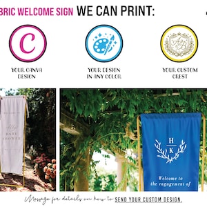 May include: A custom fabric welcome sign service featuring examples of a light-colored baby shower banner and a blue engagement banner on gold stands. The graphic includes icons for Canva designs, custom color options, and personalized crests.