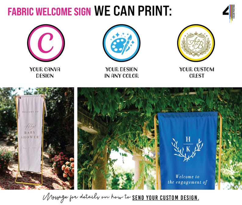 May include: A custom fabric welcome sign service featuring examples of a light-colored baby shower banner and a blue engagement banner on gold stands. The graphic includes icons for Canva designs, custom color options, and personalized crests.