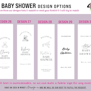 May include: A digital display showing five vertical baby shower sign design options labeled 26 through 30. Each white rectangular sign features black text and illustrations including teddy bears, a stork, and various customizable names and dates.