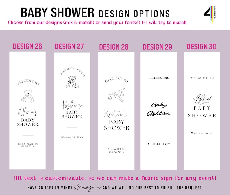 May include: A digital display showing five vertical baby shower sign design options labeled 26 through 30. Each white rectangular sign features black text and illustrations including teddy bears, a stork, and various customizable names and dates.