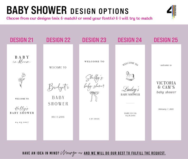 May include: A digital display showing five vertical baby shower sign design options labeled 21 through 25. Each white rectangular template features black text and line art illustrations, including floral, rocking horse, and ribbon motifs.