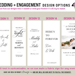 May include: A display of five vertical wedding and engagement sign design options labeled 11 through 15. Each white rectangular sign features black typography with names, dates, and phrases like 'Always & Forever' and 'Here's to Forever'. Design 15 includes a photograph of a couple.