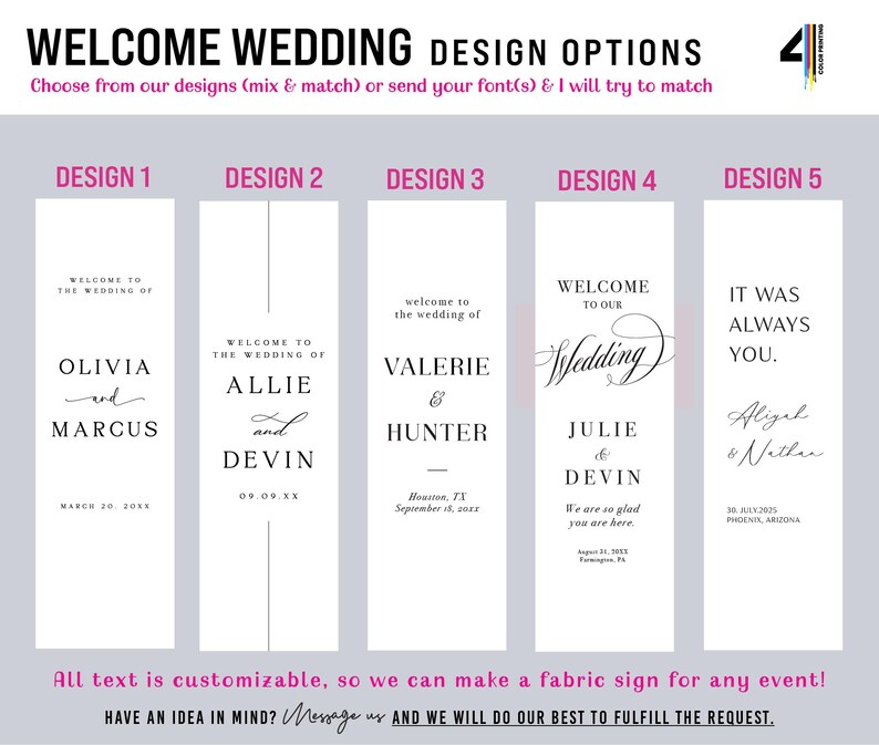 May include: A digital display showing five vertical wedding welcome sign design options with black text on white backgrounds. The header reads WELCOME WEDDING DESIGN OPTIONS. Each design features different typography and layouts for names and dates.