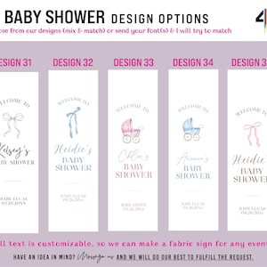 May include: Five vertical rectangular baby shower sign templates labeled Design 31 through 35. Each features a white background with black, blue, or pink watercolor illustrations of bows and carriages, plus customizable text including names and dates.