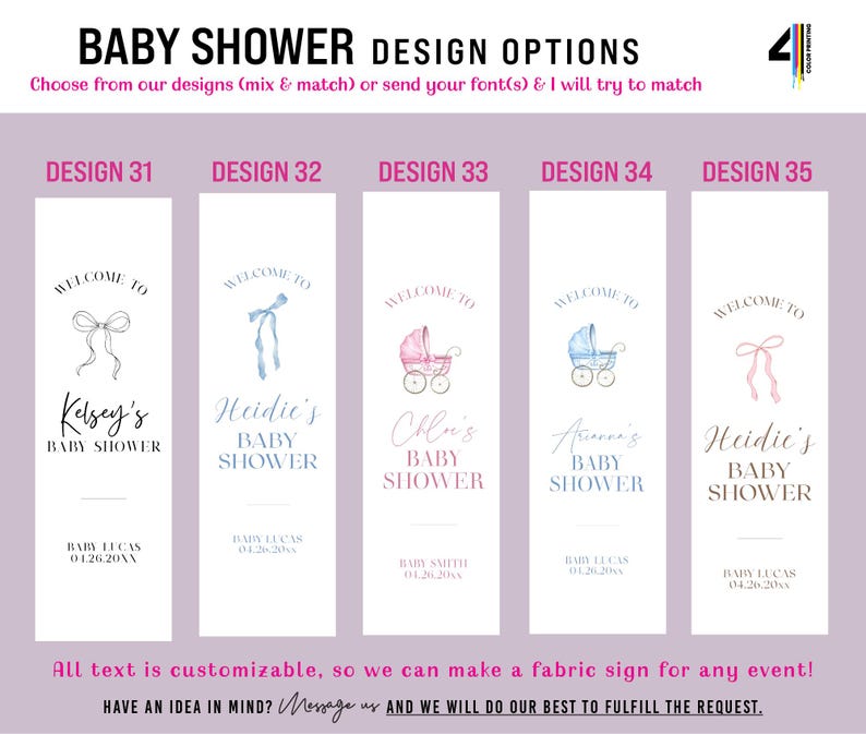 May include: Five vertical rectangular baby shower sign templates labeled Design 31 through 35. Each features a white background with black, blue, or pink watercolor illustrations of bows and carriages, plus customizable text including names and dates.