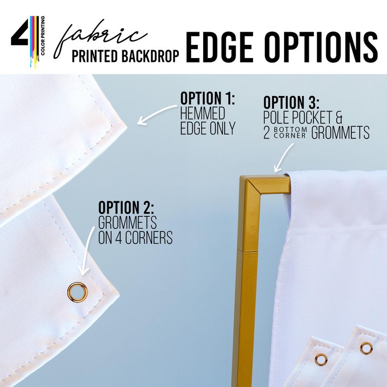Pu&ograve; includere: Un fondale in tessuto bianco stampato con opzioni di bordo. Le opzioni includono solo bordo orlato, occhielli su 4 angoli e tasca per asta con 2 occhielli angolari inferiori. Il testo "EDGE OPTIONS" &egrave; visualizzato in nero.