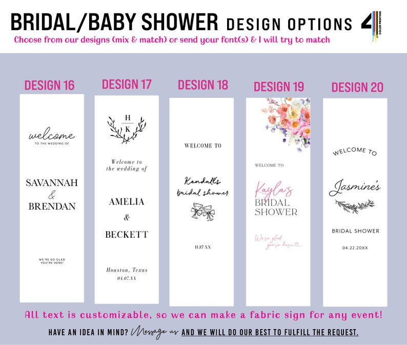 May include: A digital display showing five vertical rectangular sign design options for bridal or baby showers. Each white sign features black text, names, dates, and decorative elements like floral illustrations or line art icons for customization.