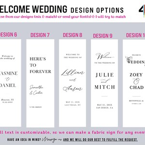 May include: A graphic display showing five vertical wedding welcome sign design options labeled 6 through 10. Each design features black text on a white background with various font styles, names, dates, and locations. The header reads WELCOME WEDDING DESIGN OPTIONS.