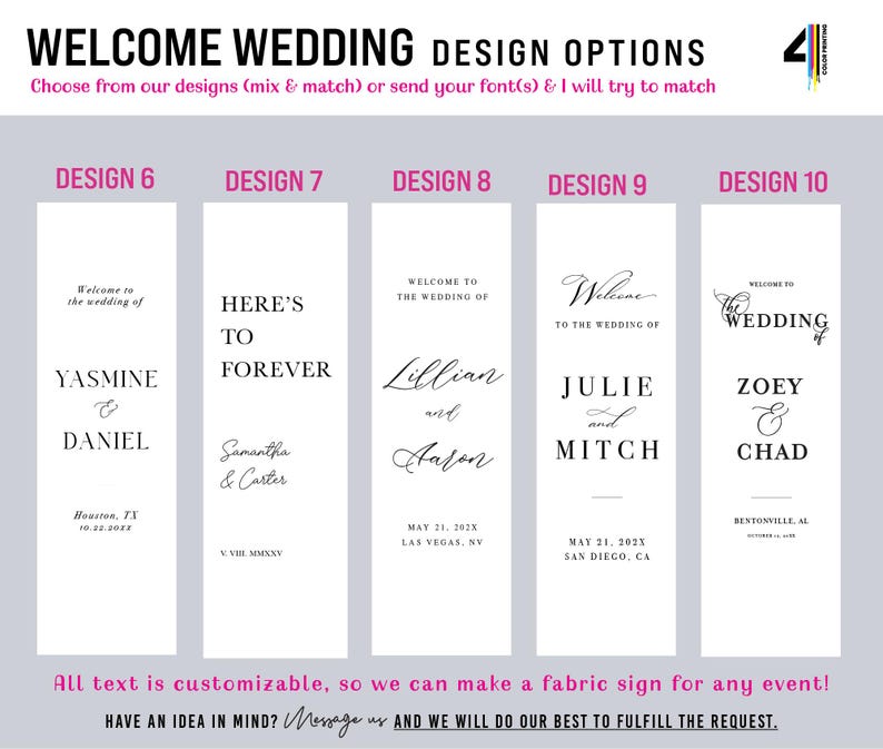 May include: A graphic display showing five vertical wedding welcome sign design options labeled 6 through 10. Each design features black text on a white background with various font styles, names, dates, and locations. The header reads WELCOME WEDDING DESIGN OPTIONS.
