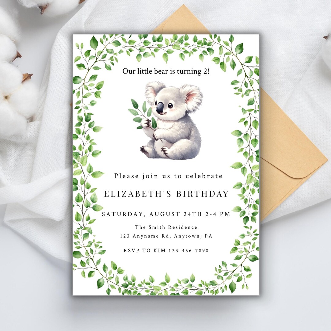 Koala 2nd Birthday Invitation Instant Download Koala Party Invitation