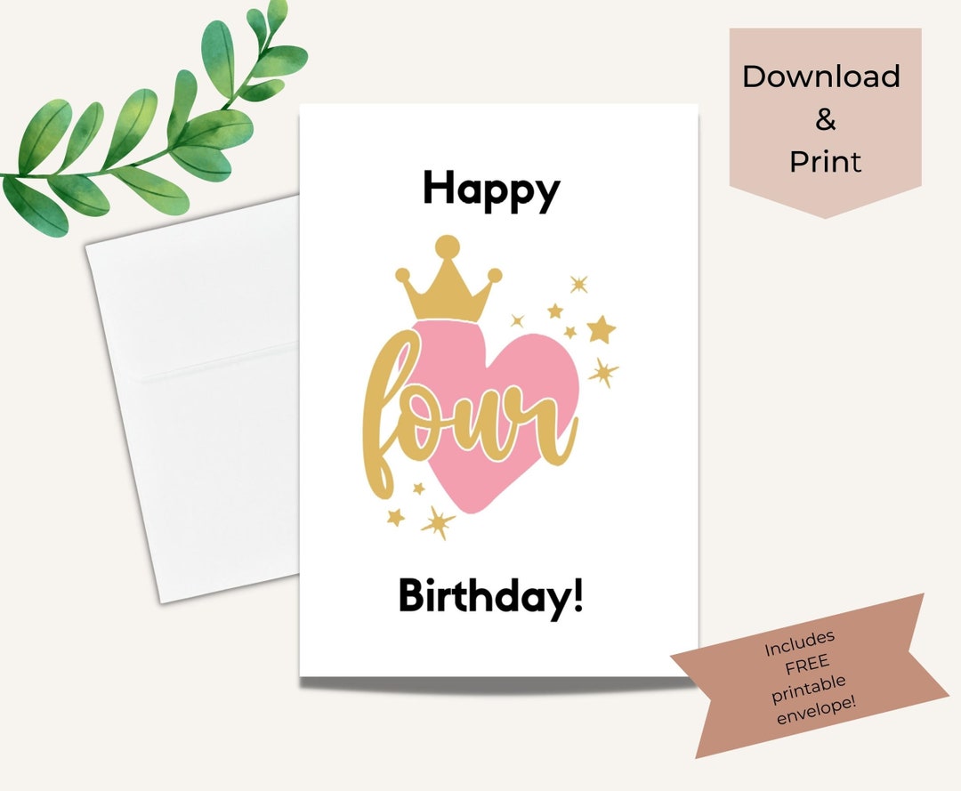 Fourth Birthday Card for Girl | Printable Card | 4th Birthday Card ...