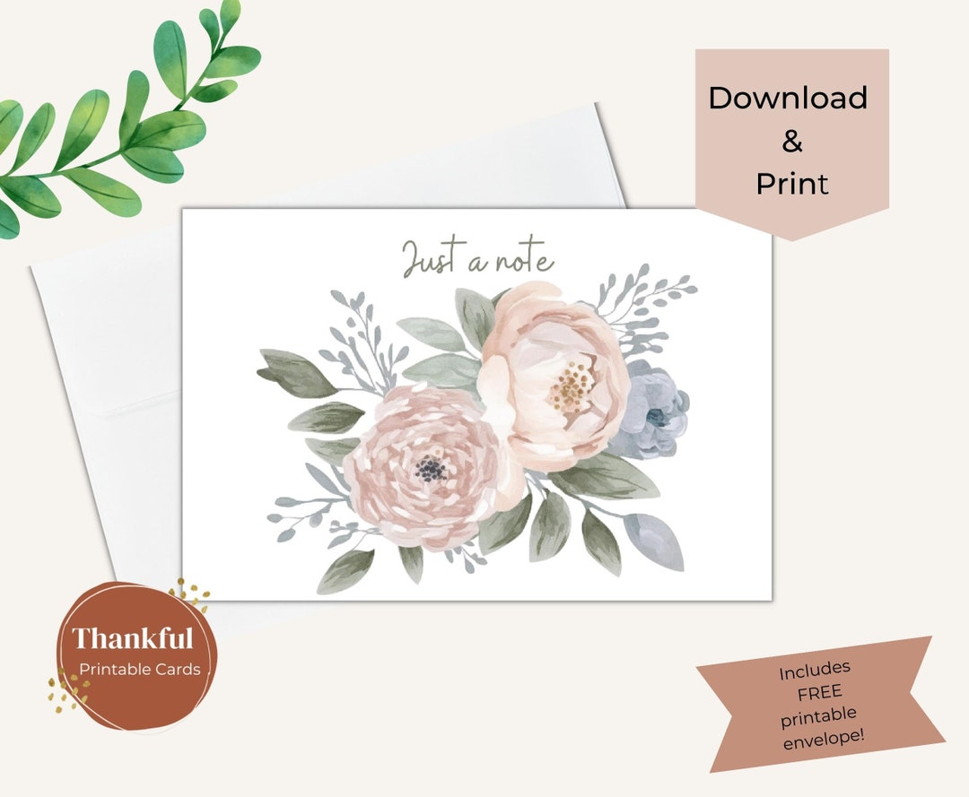 Just a Note Printable Card Blank With Envelope, Floral, Watercolor ...