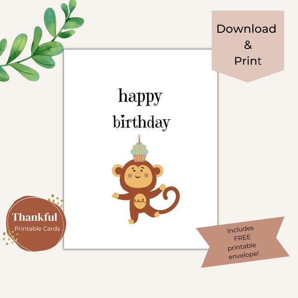 Birthday Card with Monkey with Bonus Envelope, Printable, Instant Download, 5 x 7 greeting card, Children, cupcake,  for girl, for boyBC003