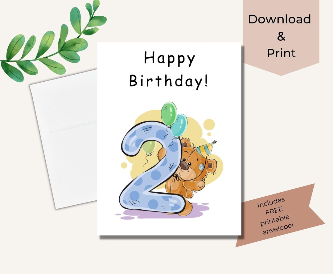Two Birthday Bear Card | Printable Card | Second Birthday Card | With ...