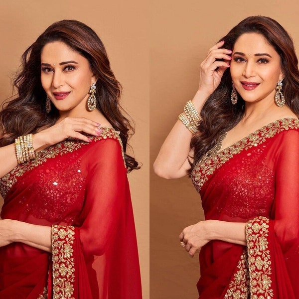 Couleur rouge Madhuri Dixit Inspaird Saree avec un travail lourd Blosue Peice prêt à porter Saree Party Wear Saree Bollywood Saree Karwa Chauth Saree