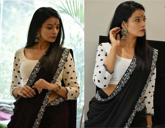 Black Solid Saree With White Work Lace Border and White Full