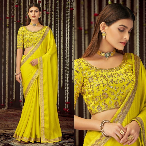Yellow Colour Soft Moss Chiffon Fabric With Sequance Work Saree |Haldi | Party Wear Saree | Bollywood Style Saree | Beautiful Designer Saree