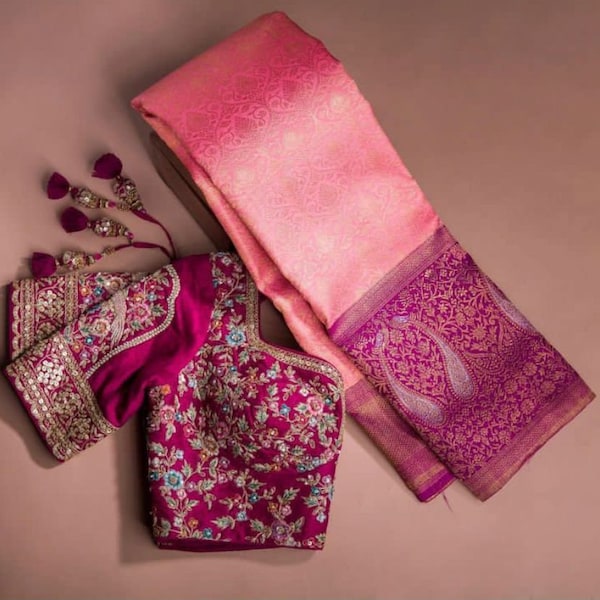 Rani Pink Color Banarasi saree is composed exquisite weaves and Designer Work Blouse With Saree Indian Women Beautiful Wedding Saree
