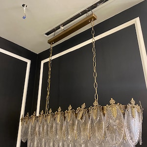 May include: A rectangular chandelier with clear, leaf-shaped glass pendants and gold-colored metal accents. The fixture hangs from a gold-colored metal frame suspended by chains. The design is ornate and elegant, suitable for a dining room or entryway.