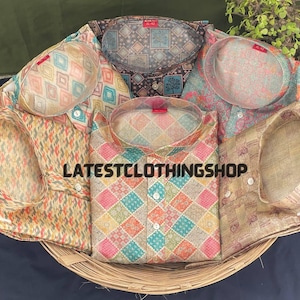 May include: Assortment of six patterned shirts in various colors, including brown, blue, pink, and yellow. The shirts have different geometric patterns and are arranged in a basket.