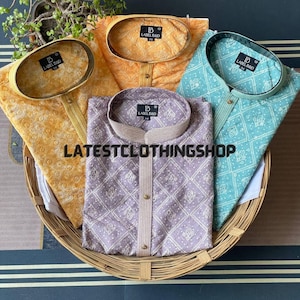 Designer Printed Mens Cotton Kurta Pajama Men&#39;s Party Lucknowi Kurta Casual Wear Kurta Pyjama Traditional Ethnic Engagement Kurtas Size 46