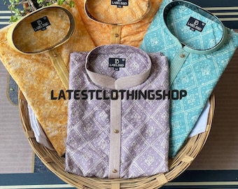 Mens Cotton Kurta Pajama Set: Lucknowi Print, Traditional Ethnic Wear