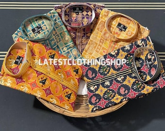 Set da sposa in pigiama Kurta giallo stampato da uomo: Kurta da festa in stile etnico indiano