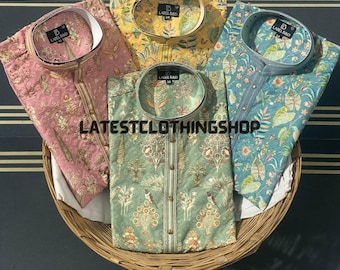 Printed Mens Cotton Kurta Pajama Party Wear Lucknowi Wedding Ethnic Kurta