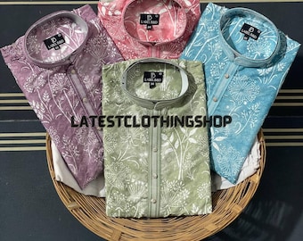 Cotton Mens Wedding Printed Kurta Pajama Set: Lucknowi Work Readymade Party Kurtas