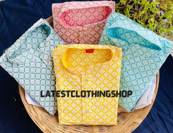 Yellow Cotton Kurta Pajama Set, Lucknowi Embroidered Mens Ethnic Wear