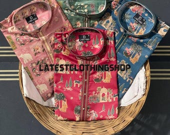 Set pigiama Kurta da uomo stampato per feste: abbigliamento etnico tradizionale Kurtas già pronti
