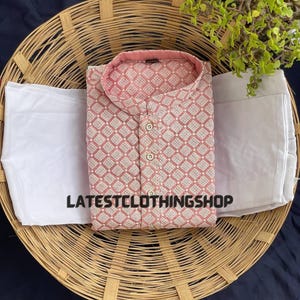 Yellow Cotton Kurta Pajama Set, Lucknowi Embroidered Mens Ethnic Wear Pink