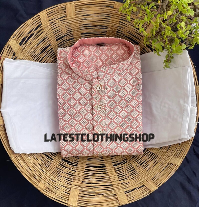 Yellow Cotton Kurta Pajama Set, Lucknowi Embroidered Mens Ethnic Wear Pink