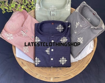Pijama Kurta Azul Masculino para Festa, Pijama Kurta de Seda Cinza Punjabi Indiano, Traje Étnico Tradicional Pronto para Casamento, Pijama Kurta de Crochê Masculino