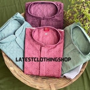 Mens Kurta Pajama, Designer Lucknowi Sequins Work Men&#39;s Kurta, Party Wear Pink Kurta Sherwani, Wedding Ethnic Wear Chikankari Kurtas Set