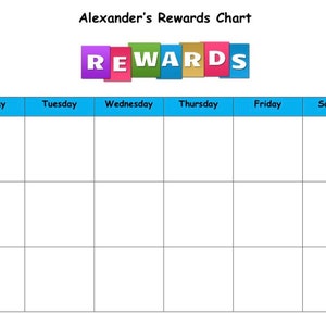 May include: A colorful rewards chart titled "Alexander's Rewards Chart" with the word "REWARDS" in large, multi-colored letters. The chart includes sections for activities like homework, reading, and bath time, with days of the week listed across the top.