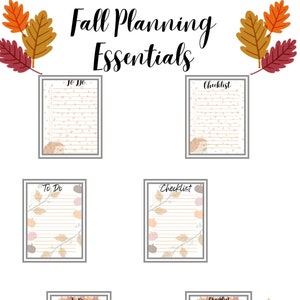 May include: Six printable fall planning checklists with a fall leaf design. The checklists are labeled "To Do" and "Checklist".