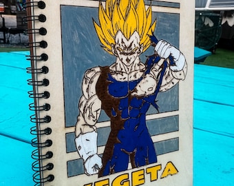 Wooden SS Vegeta sketchbook  | Hand painted wood | Cartoon | Comic | DBZ | anime | Geek