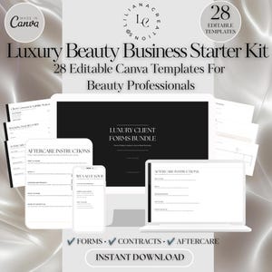 Op de afbeelding: Een digitale business starter kit met 28 bewerkbare Canva-sjablonen voor beautyprofessionals. De weergave bevat een computermonitor, een tablet en een smartphone met klantformulieren, nazorginstructies en contracten in zwart-wit.