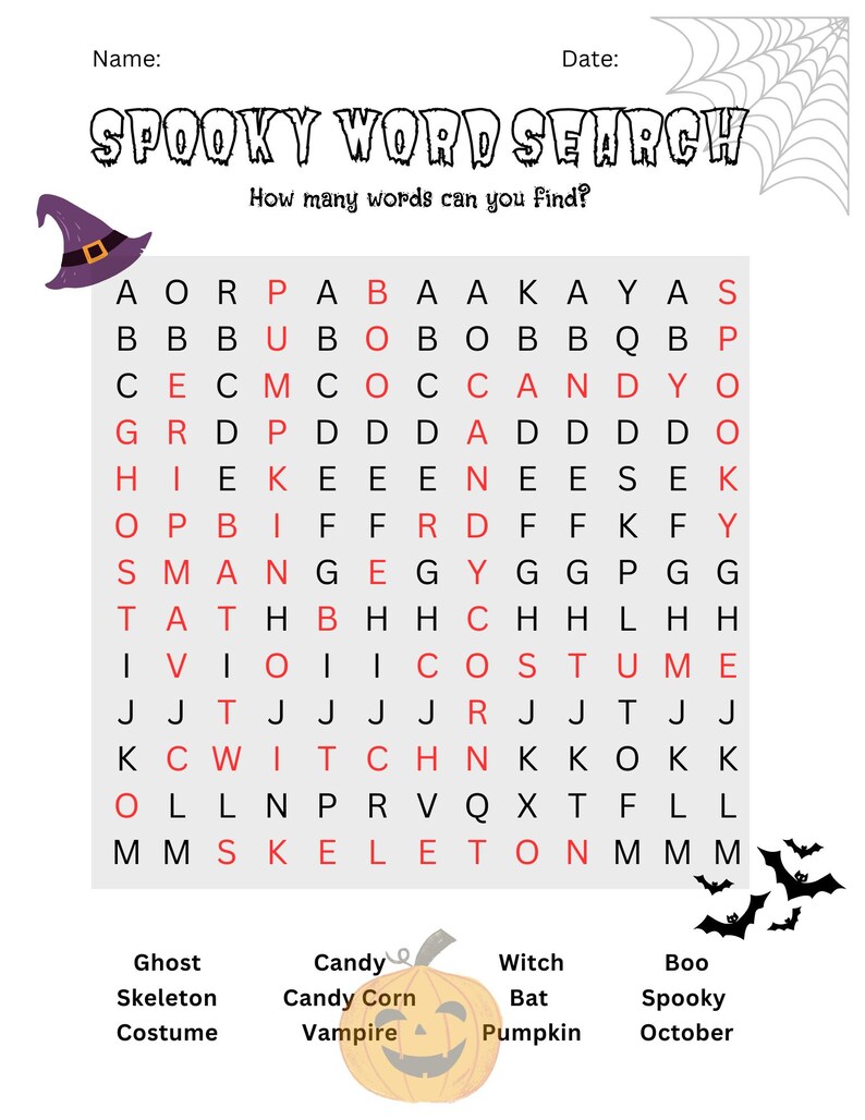 Halloween word find answers, word find answer key, children halloween educational games, jubilantt art