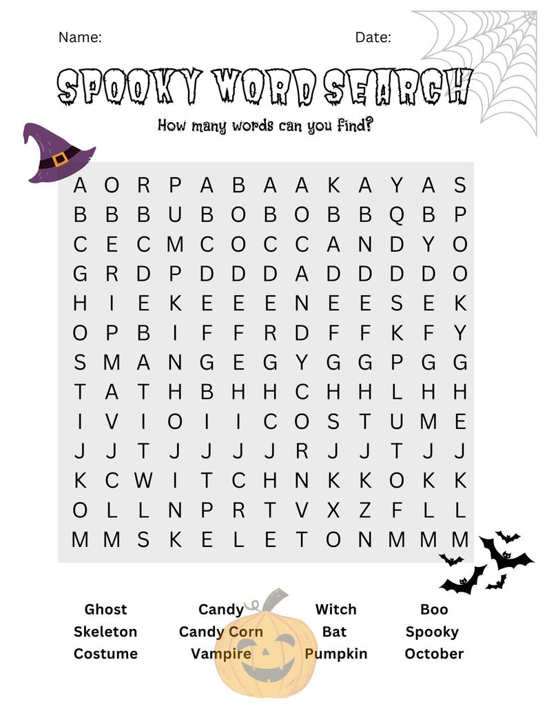 Fun Halloween puzzle for children, easy halloween word search, educational halloween kid friendly brain teaser, jubilantt art
