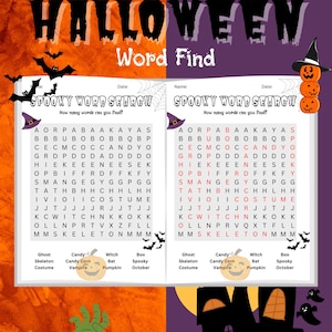 Halloween printable word find pdf for kids and teachers, classroom activity for spooky season with pumpkins, bats, and frankenstein, kid brain teaser, classrooms school halloween brain teaser word search word find activity fun