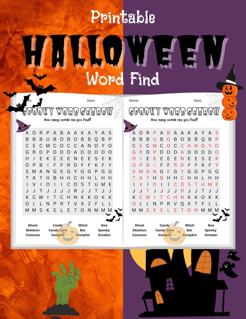 Halloween printable word find pdf for kids and teachers, classroom activity for spooky season with pumpkins, bats, and frankenstein, kid brain teaser, classrooms school halloween brain teaser word search word find activity fun